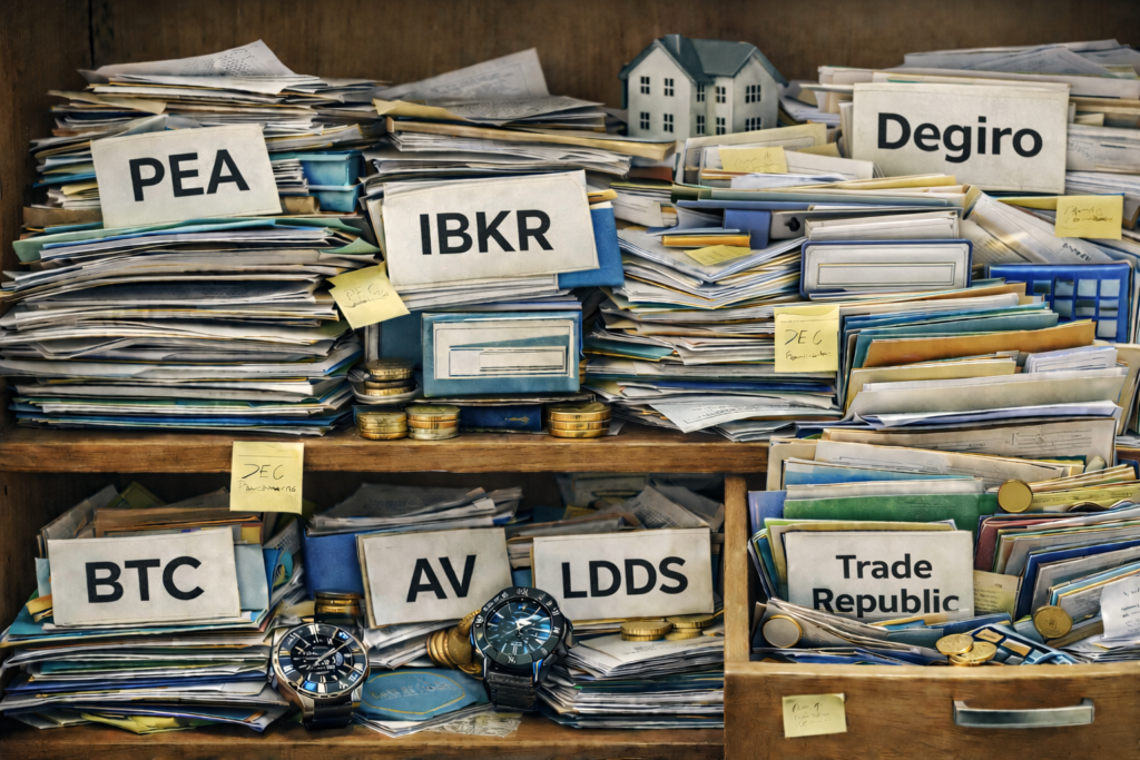 Supports patrimoniaux multiples et désorganisés illustrant un historique d’investissements hétérogène