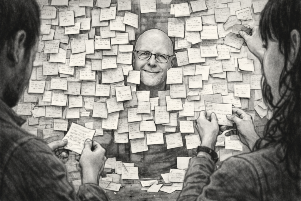 Illustration en noir et blanc d’un homme serein observant un mur couvert de post-it, symbolisant la diversité des commentaires et des points de vue.