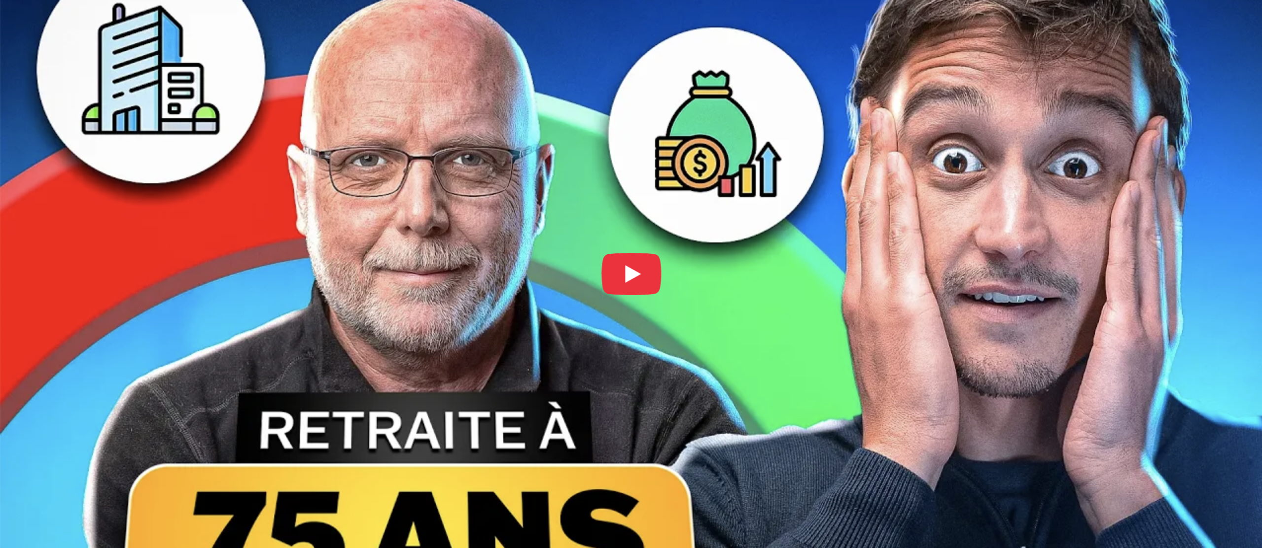 Miniature originale : Finary – vidéo YouTube du 18 janvier 2026: Miniature YouTube sur la retraite à 75 ans, avec deux hommes exprimant sérieux et surprise, et des icônes liées à l’épargne et aux revenus.