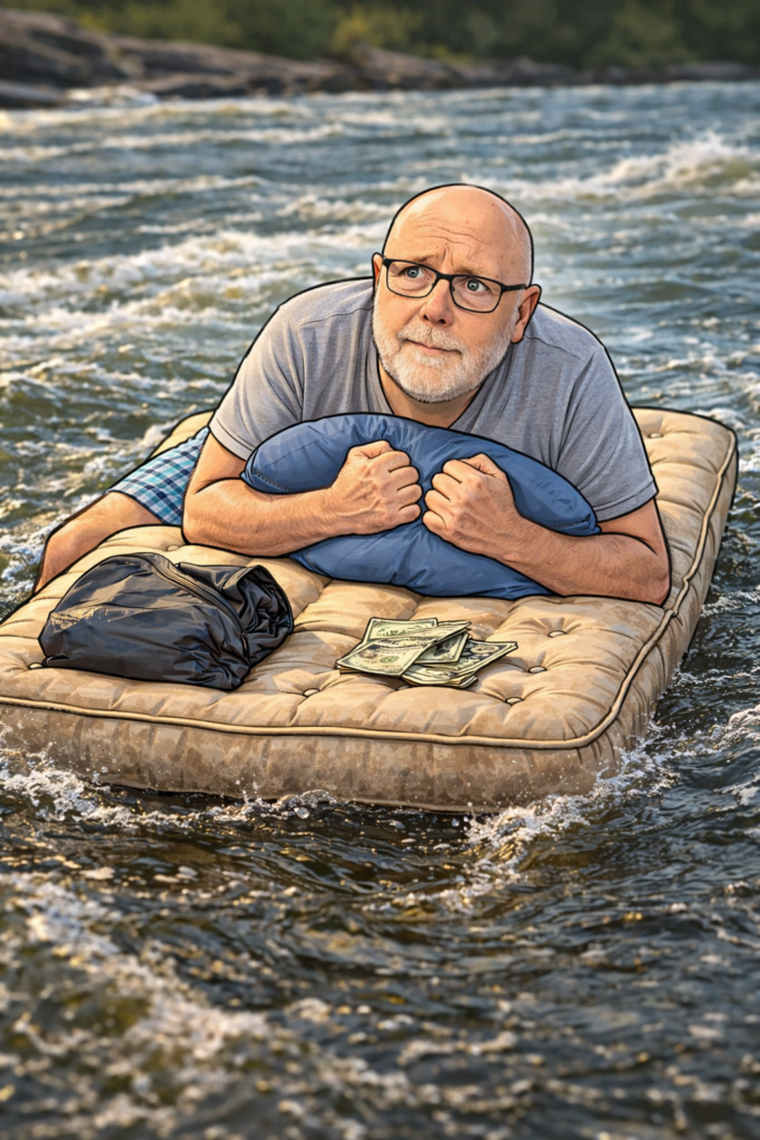Un homme assis sur un matelas flottant sur une eau agitée, illustrant le rôle du matelas de sécurité pour rester à flot financièrement.