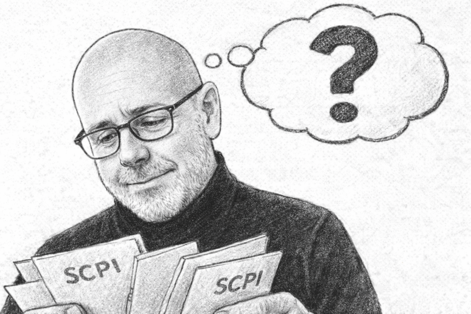 Illustration au fusain d’un homme consultant plusieurs documents SCPI avec un air interrogatif