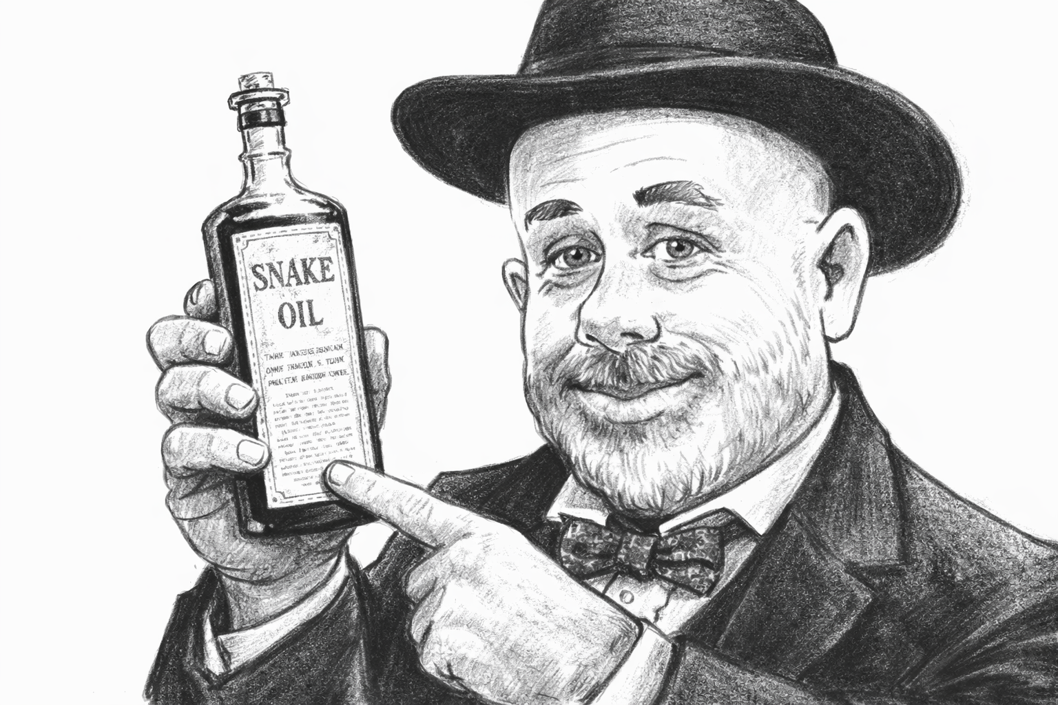 Illustration vintage d’un vendeur de remède miracle tenant une bouteille de « snake oil », symbole des promesses d’investissement trompeuses.