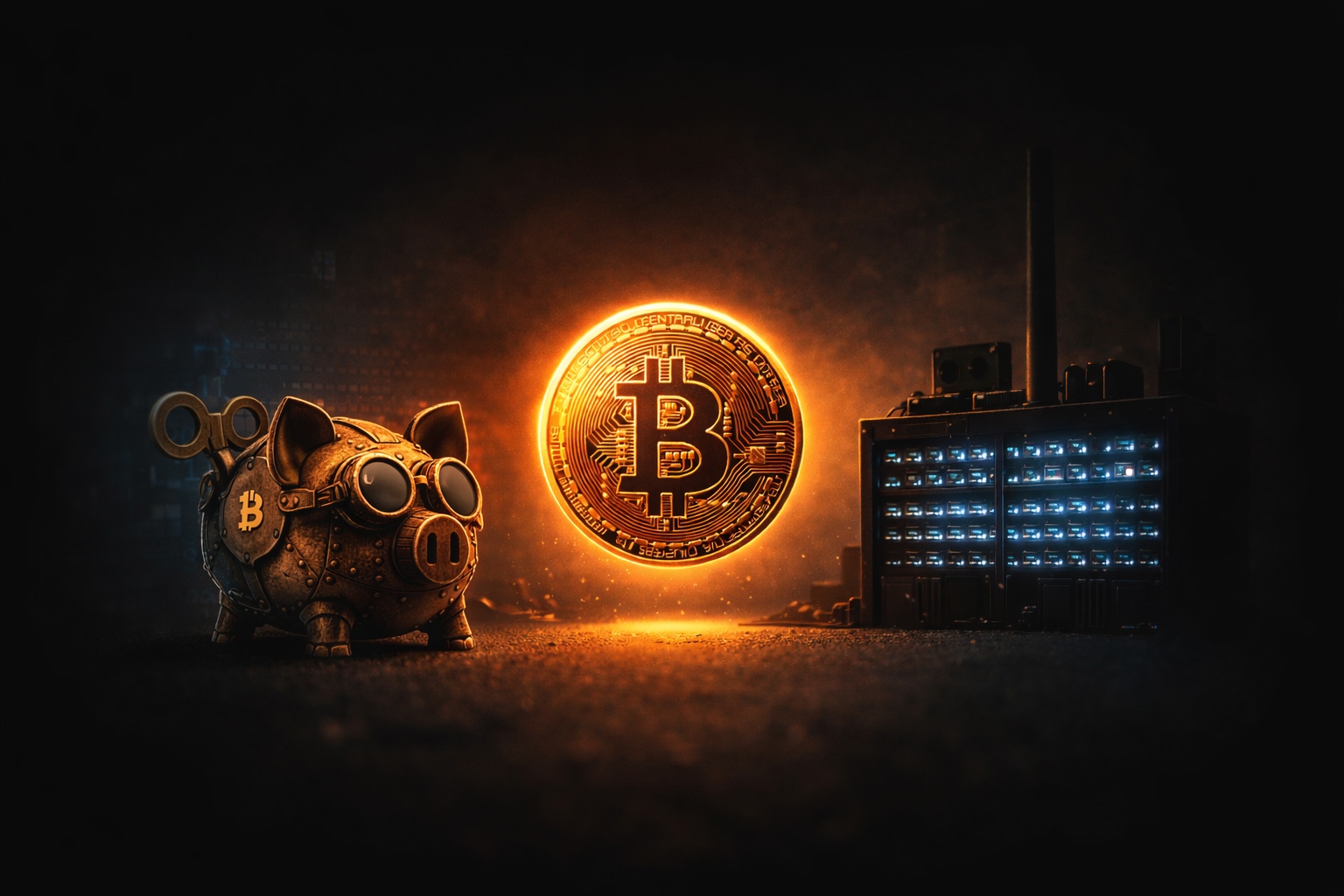 Illustration comparant achat Bitcoin en spot et cloud mining avec tirelire steampunk et ferme de minage.