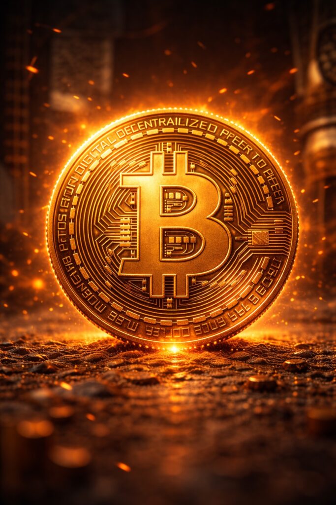 Pièce bitcoin dorée en gros plan avec effet incandescent et ambiance industrielle sombre.