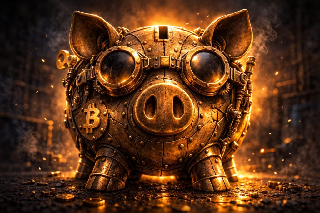 Illustration steampunk d’un cochon-tirelire métallique avec symbole Bitcoin dans une ambiance industrielle.