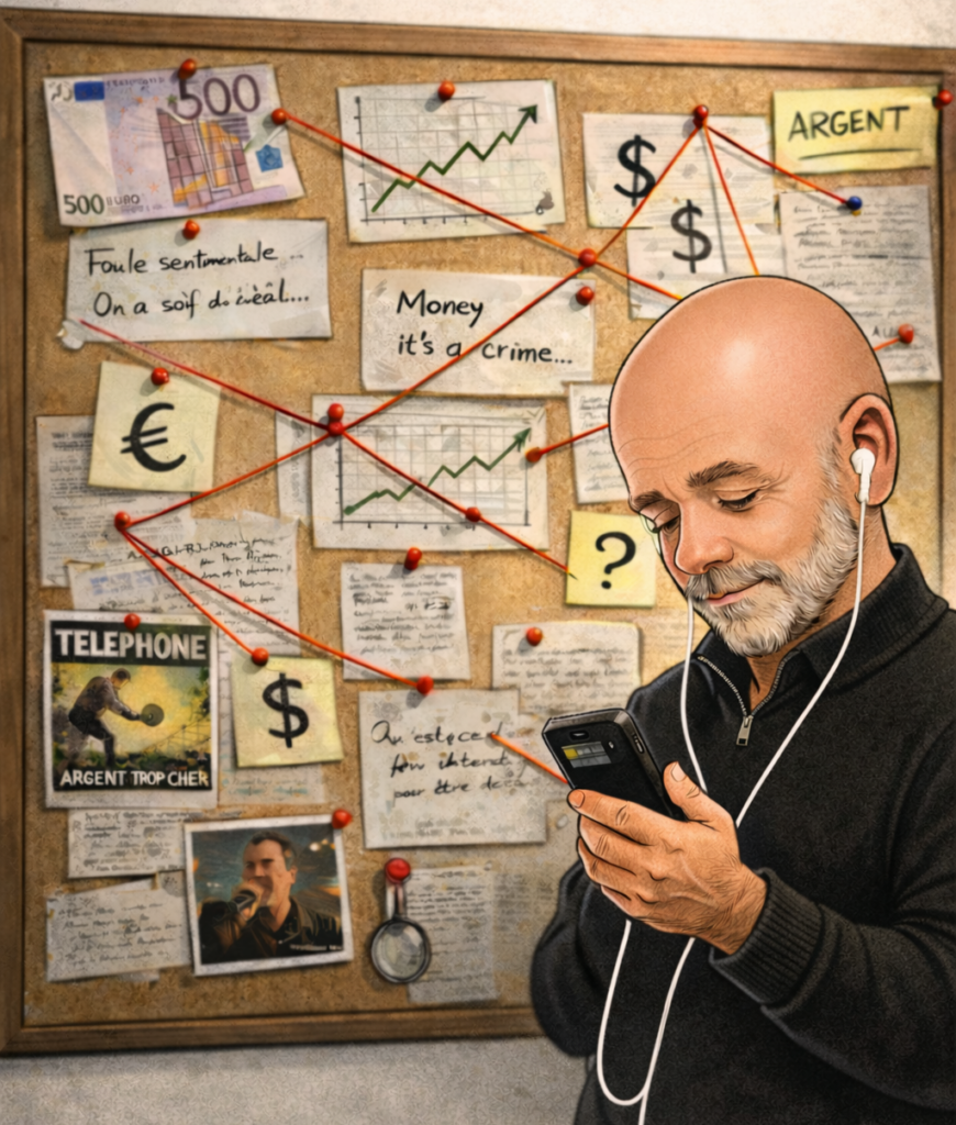 L'auteur, écoutant de la musique sur son téléphone avec des écouteurs blancs, devant un tableau d’enquête reliant paroles de chansons et symboles financiers.