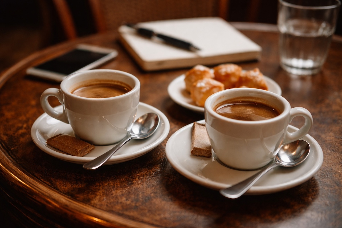 Deux cafés espresso dans un bistrot français, symbolisant une conversation ouverte autour de la finance et de l’indépendance.