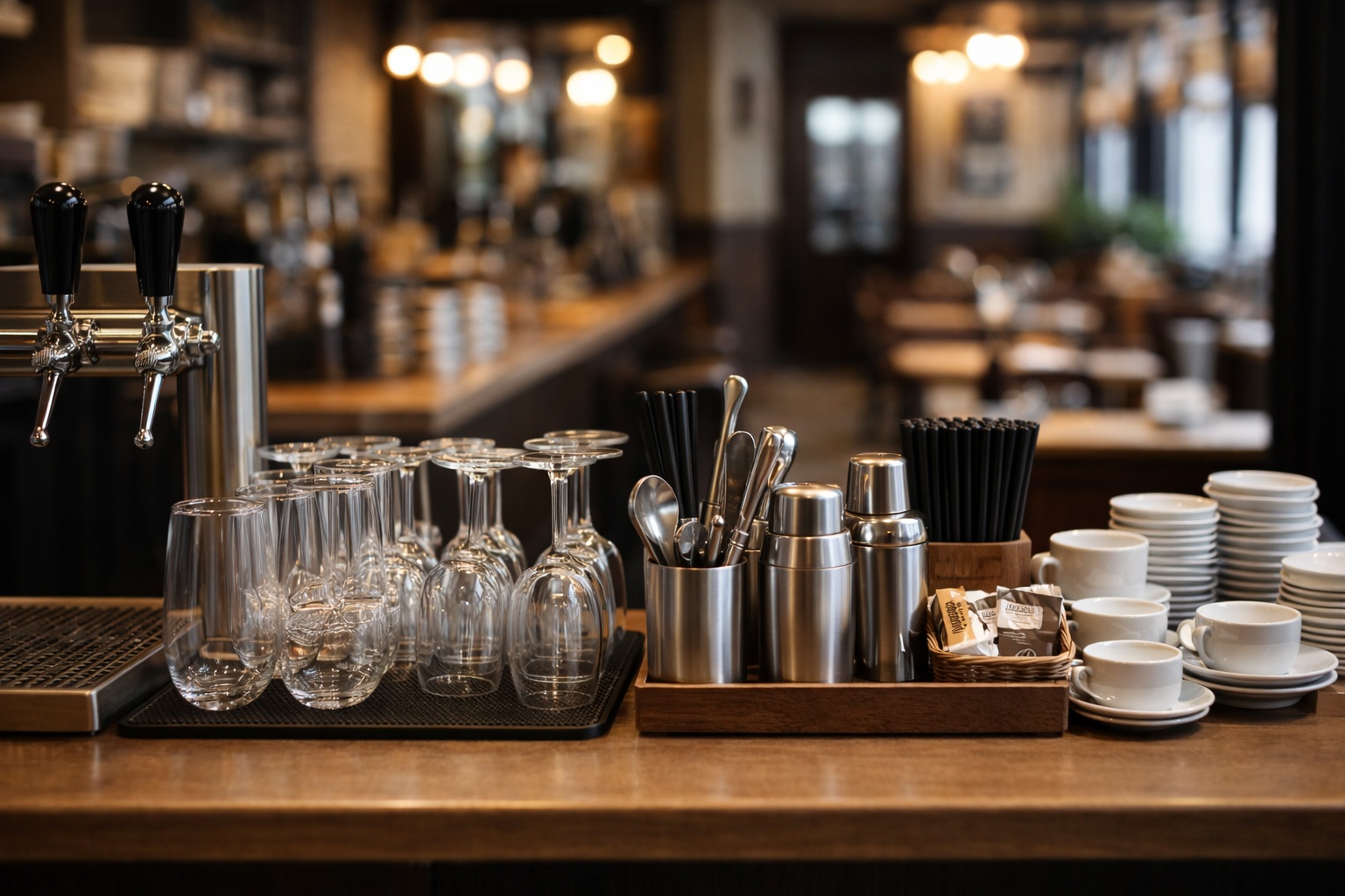 Comptoir de bistrot français bien rangé vu depuis l’arrière, avec tireuses, verres alignés, tasses à café et panier de sucre, salle floutée en arrière-plan.